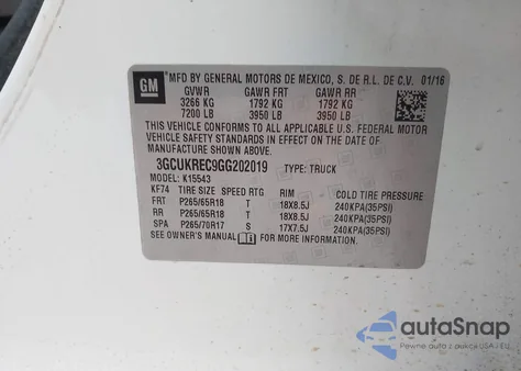 2016 Chevrolet Silverado 1500 2Lt z USA, uszkodzony, nr VIN 3GCUKREC9GG202019